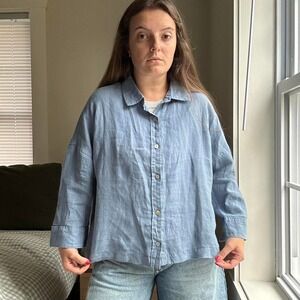Sigrid Olsen Ocean Blue 100%‎ Linen Button Up Cropped Blouse Size Large